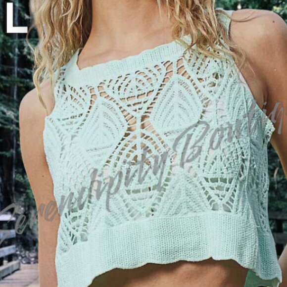 POL Boho Baby Pale Mint Crochet Loose Fit Semi Sheer Bodycon Crop Top - Picture 6 of 9